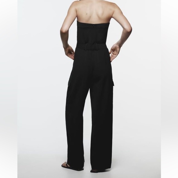 Zara belted black cargo pocket side strapless jumpsuit - Picture 6 of 8